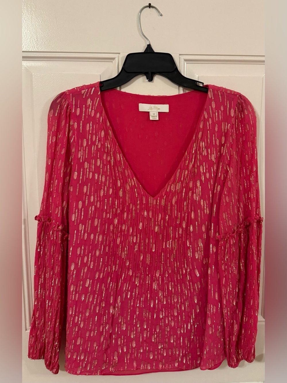 Lilly Pulitzer Hot Pink Metallic-Print V-Neck Blouse